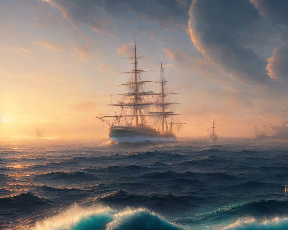 Sailing tall ship in rough seas at sunset with vibrant sunlight on waves
