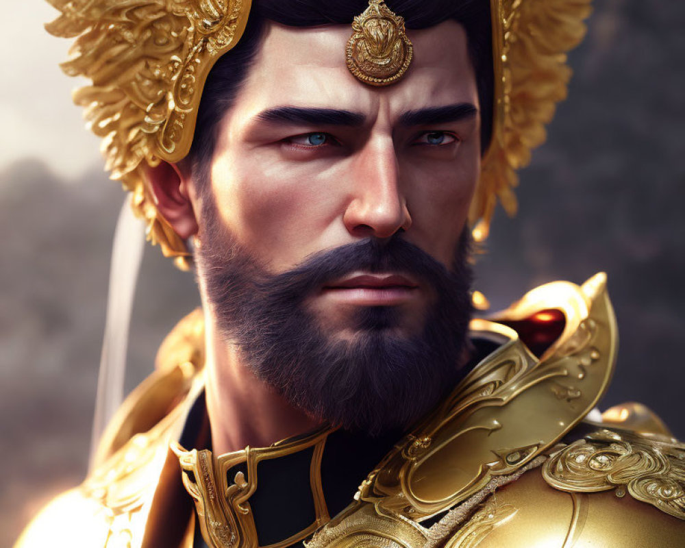 Bearded man in golden armor and headpiece exudes regal presence