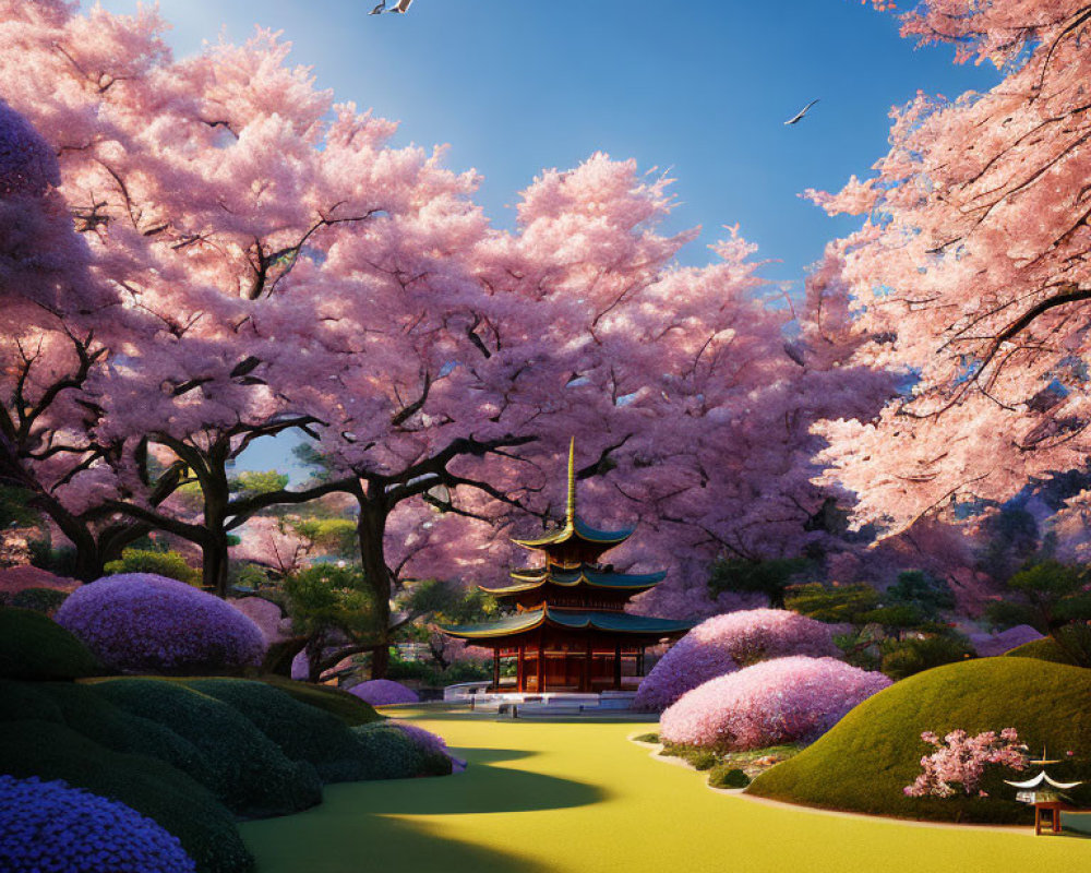Tranquil garden scene with pink cherry blossoms, pagoda, birds, and greenery