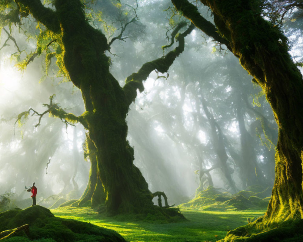 Person in Red Jacket Among Giant Moss-Covered Trees in Misty Forest