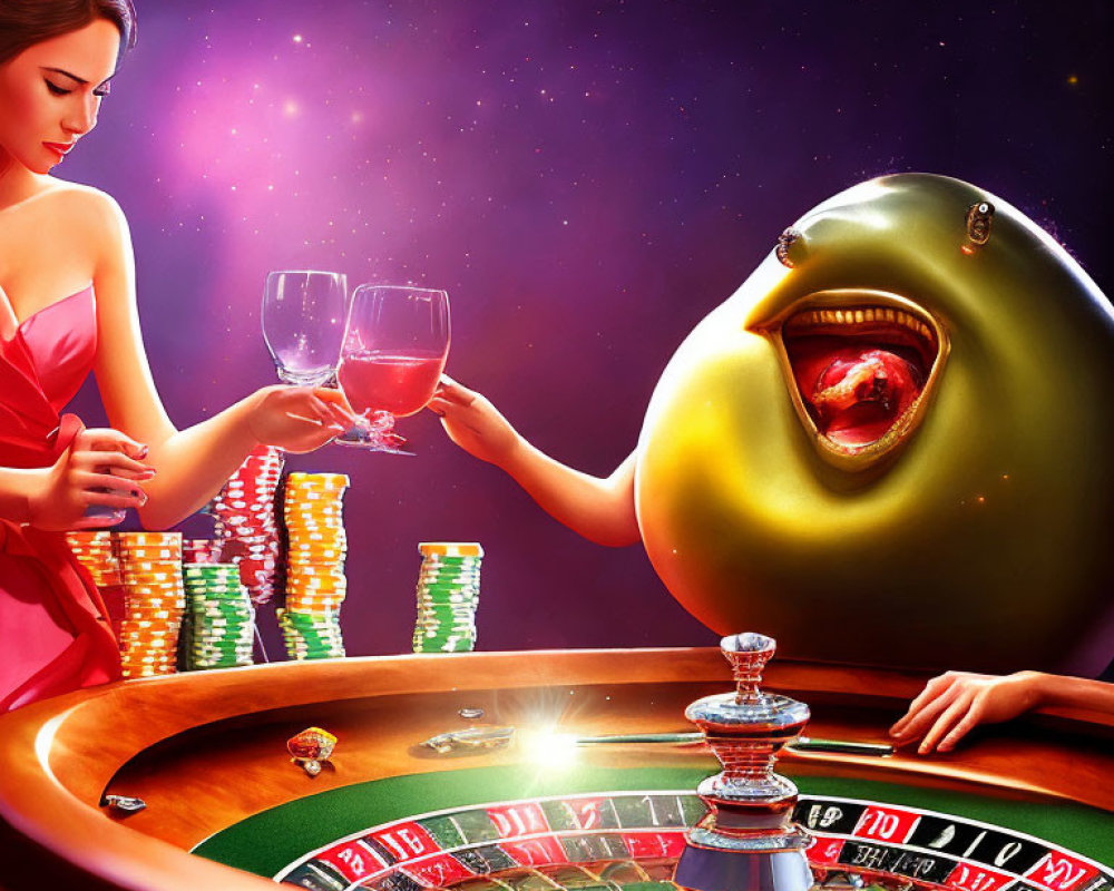 Woman in red dress toasting with golden creature at roulette table under starry sky