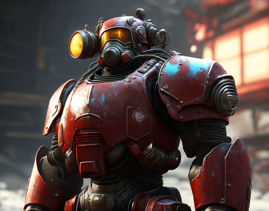 Robotic Figure in Worn Red Armor with Glowing Visor on Industrial Background