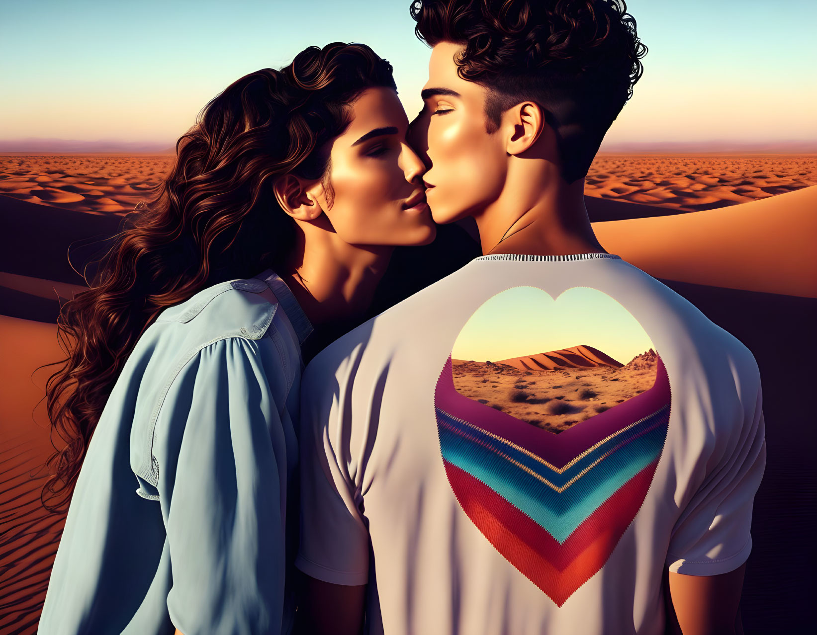 Romantic couple digital illustration with mirrored sunglasses reflection