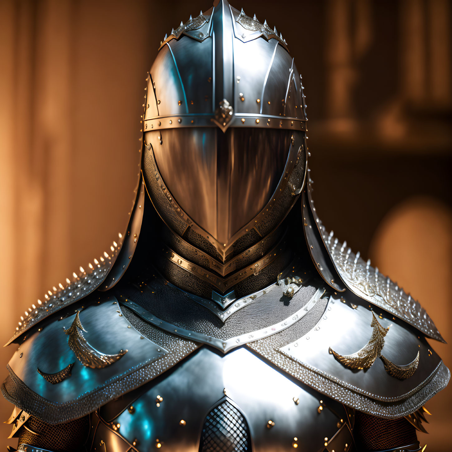 Detailed medieval knight's armor with intricate designs and metallic rivets on blurred background