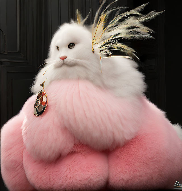 Pink and White Stylized Cat Creature with Sad Eyes and Gold Feather Earring