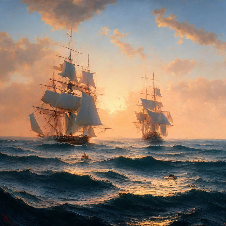 Tall sailing ships on rolling ocean waves at sunset