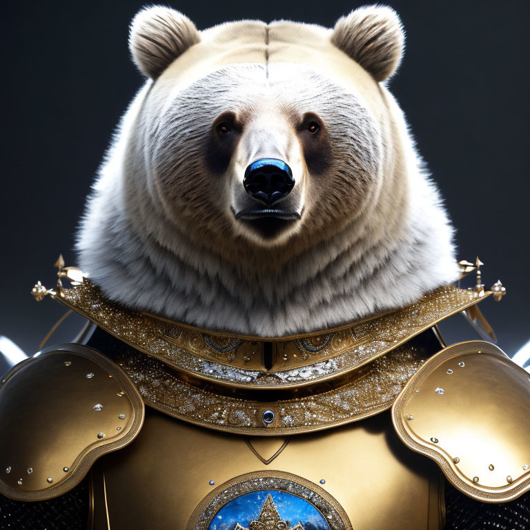 Stylized bear head on golden-armored body in fantasy setting