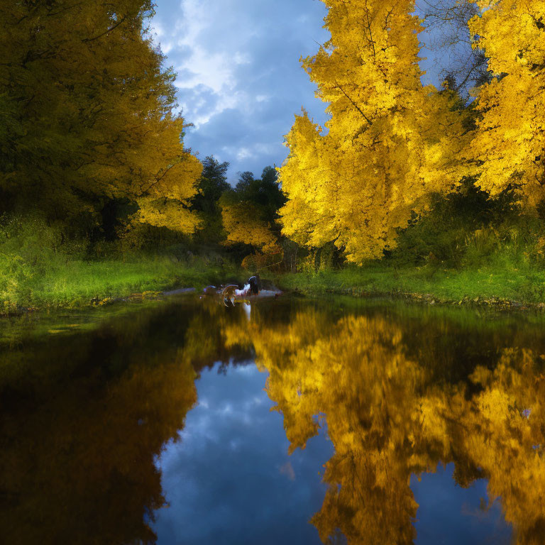 Autumn River Landscape with Yellow Trees and Cloudy Sky
