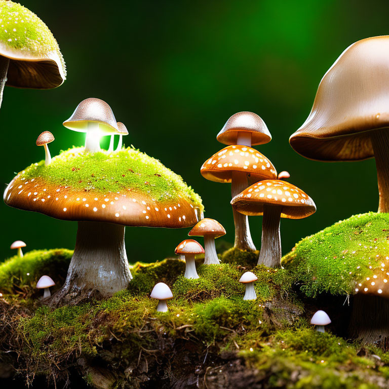 Luminous Mushroom Collection on Green Background