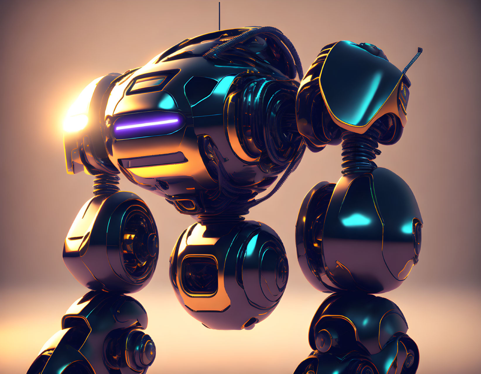 Spherical Futuristic Robot with Purple Lighting on Warm Background