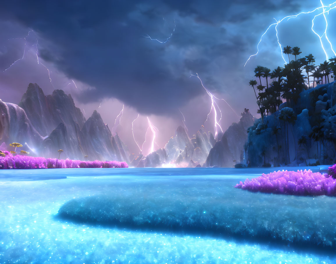 Ethereal landscape with vivid purple flora, glowing blue stream, mountainous terrain, dramatic sky.