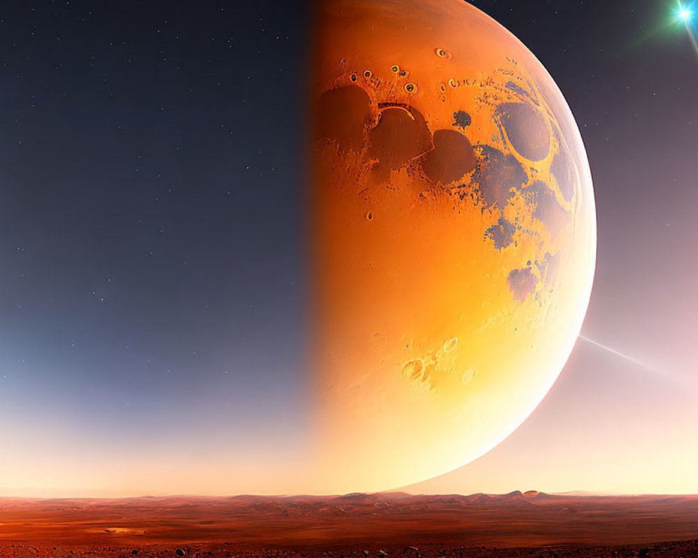 Detailed Digital Art: Large Mars-Like Planet on Rocky Surface