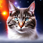 Digital Artwork: Cat with Blue Eyes in Cosmic Setting
