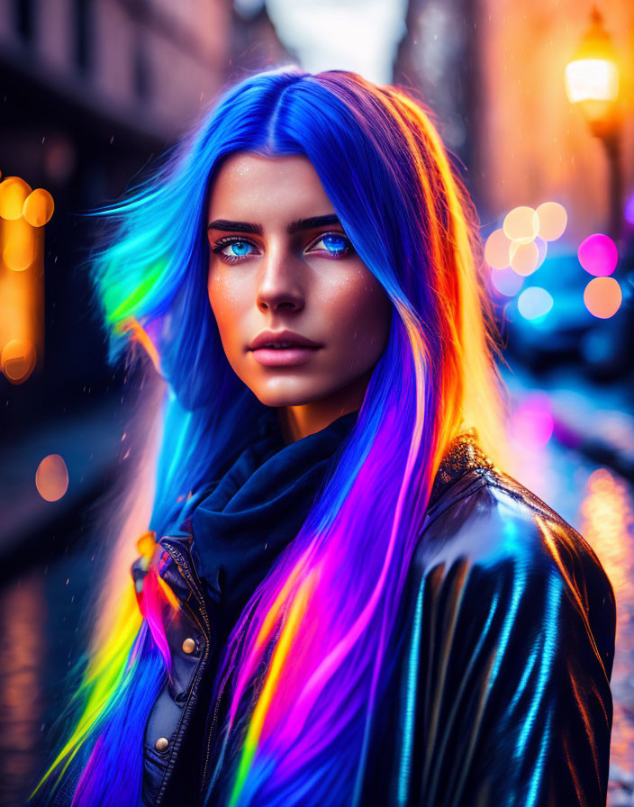 Vibrant blue and purple haired woman in city street at twilight with colorful bokeh lights