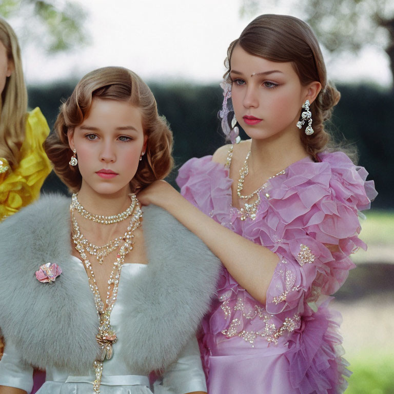 Elegant vintage-inspired attire on two young women in opulent jewelry