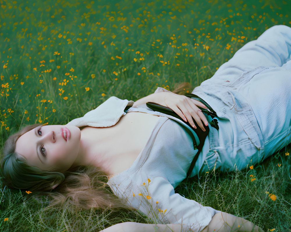 Woman in White Top and Jeans Relaxing in Yellow Flower Field