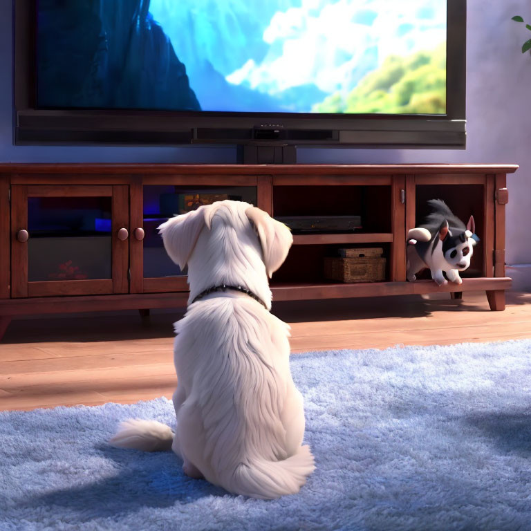 Two dogs watching TV in cozy living room