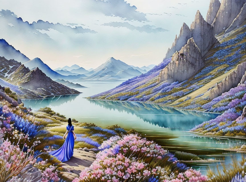 Tranquil landscape with woman in blue dress by serene lake