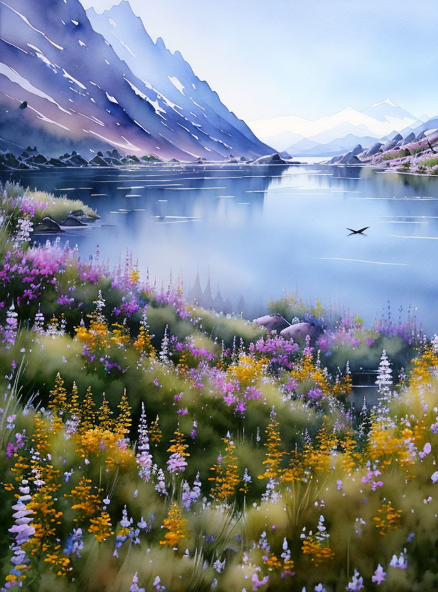 Tranquil watercolor painting of serene lake, mountains, wildflowers, and bird.