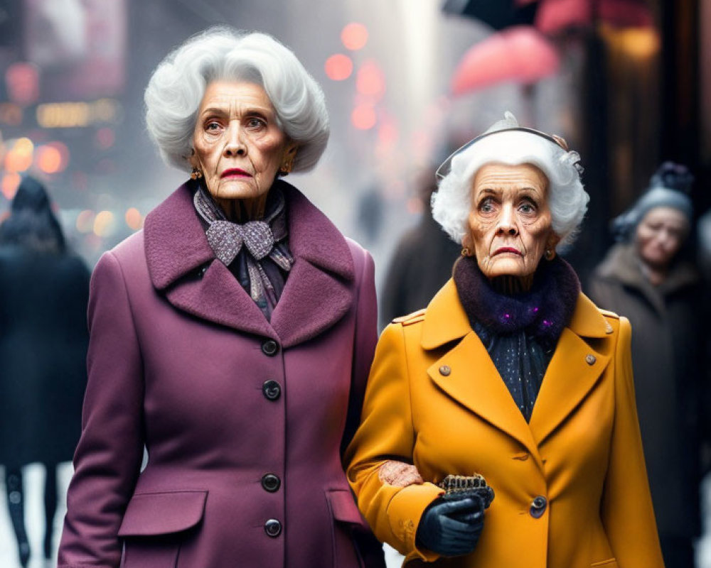 Elderly women with white hair in purple and yellow coats on busy street