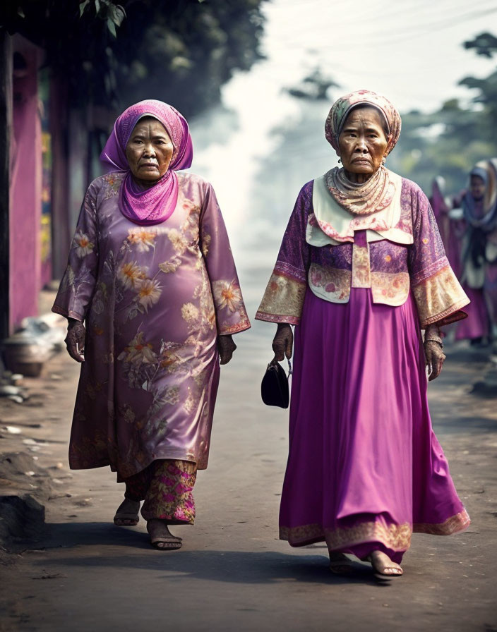Elderly women in traditional attire walking in cityscape