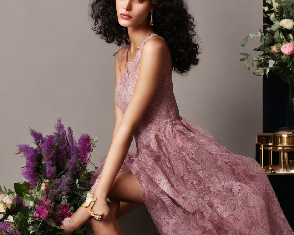 Elegant woman in pink lace dress surrounded by flowers