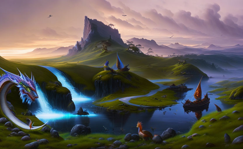 Dragon, waterfall, Viking ship, and vibrant flora in a fantastical landscape