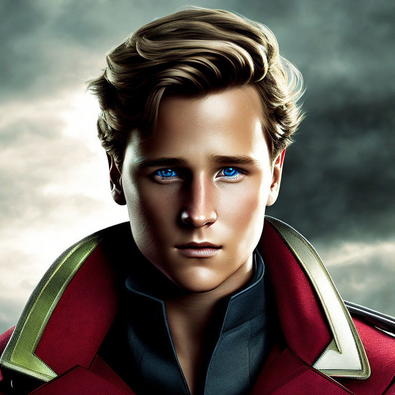 Male character digital portrait with blue eyes, blonde hair, red superhero costume, gold and black accents,