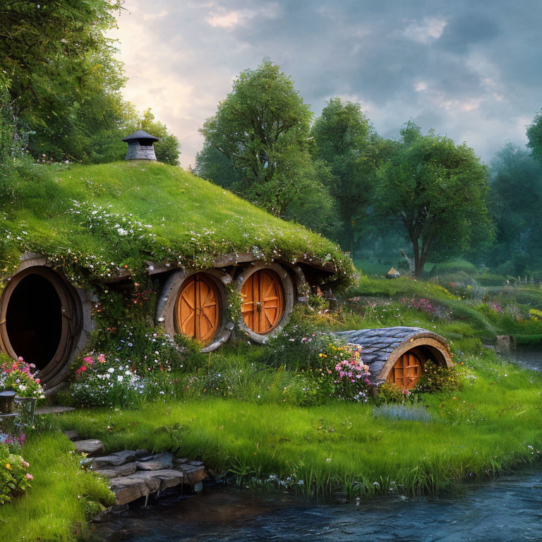 Quaint hobbit-style house with round doorways and windows by tranquil stream