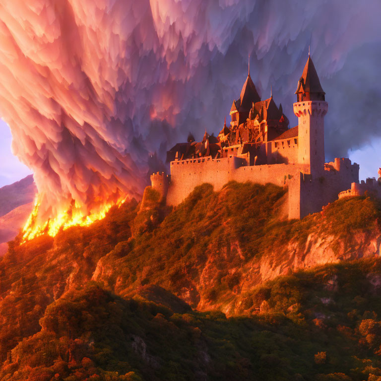 Burning castle on hill under ominous cloud