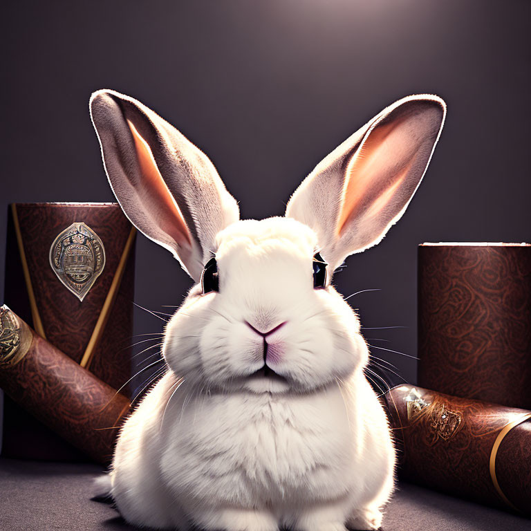 White Rabbit with Sunglasses and Scrolls on Dark Background
