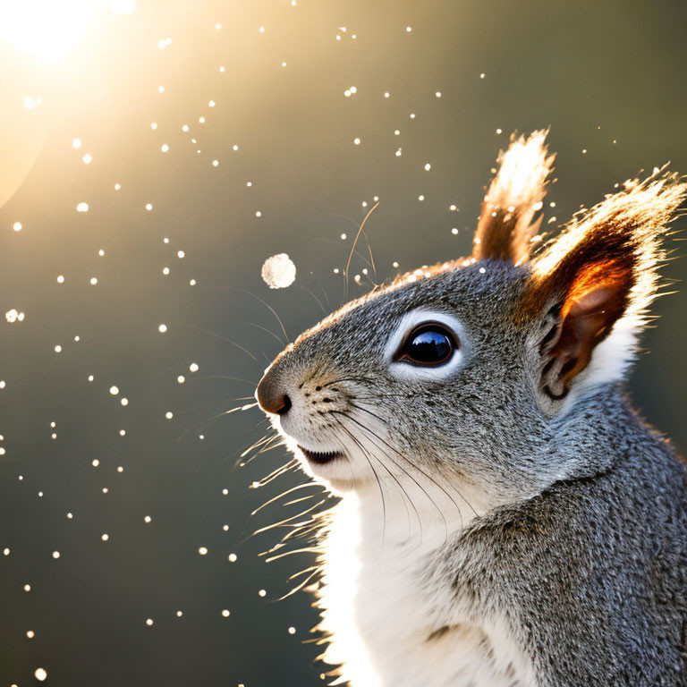 Profile of a squirrel with glowing backdrop and sunbeam highlights