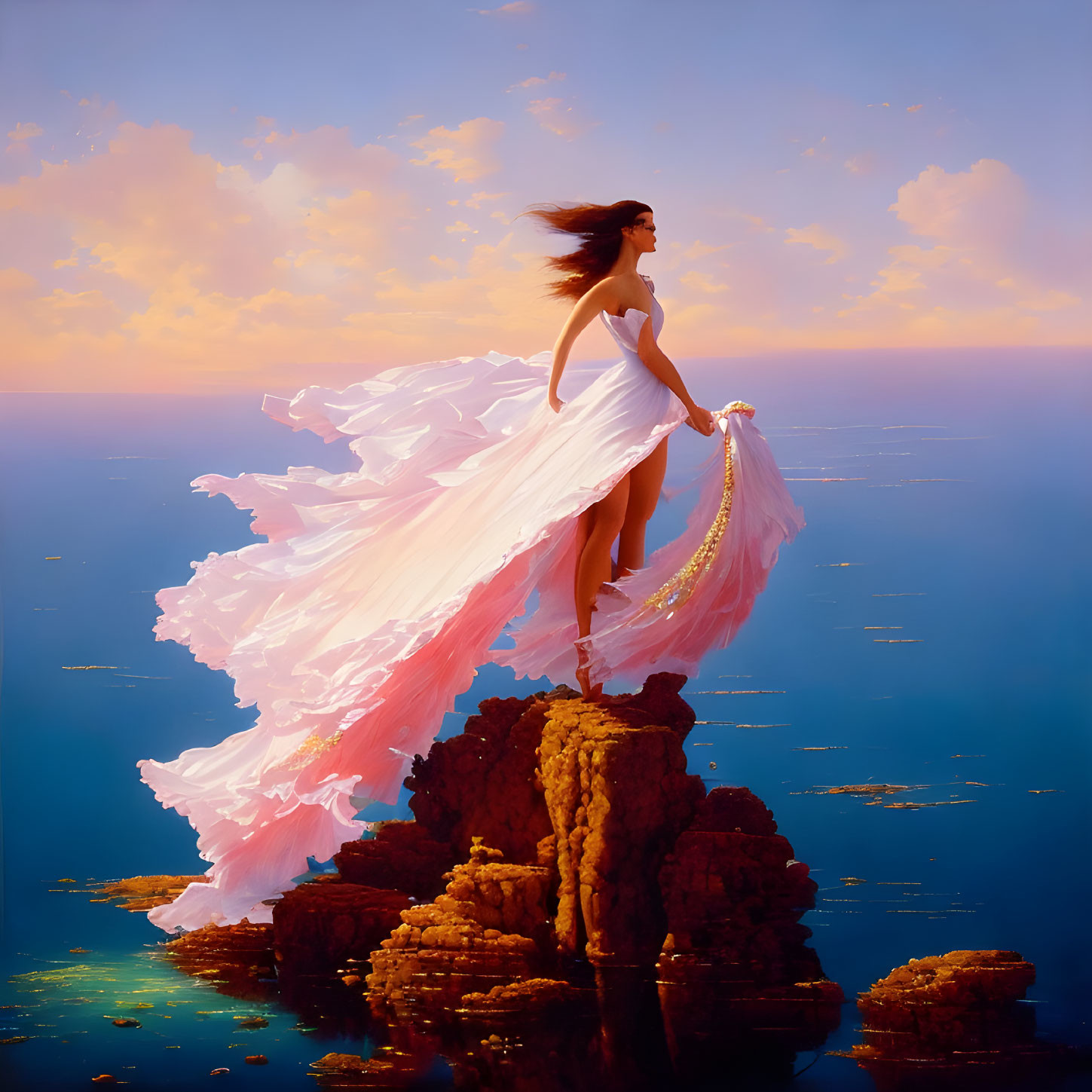 Woman in flowing white dress on rugged cliff overlooking sea under warm sky