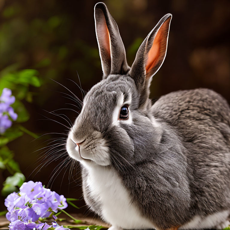 Grey and White Rabbit Among Purple Flowers in Soft-Focused Setting
