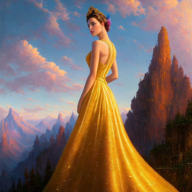 Woman in gold gown with tiara in mountain landscape at sunset