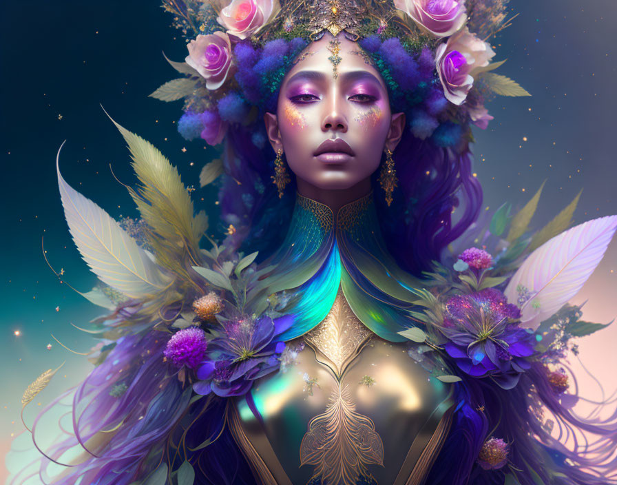 Mystical woman with violet hair, flower crown, peacock feathers, golden jewelry