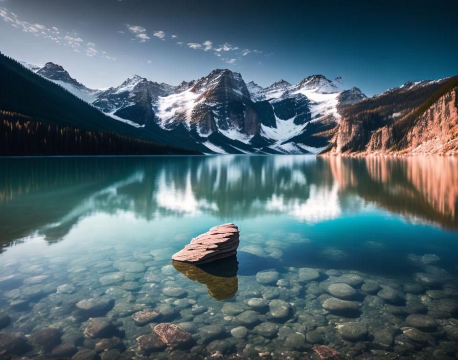 Crystal Clear Alpine Lake Reflecting Snow-Capped Mountain Range