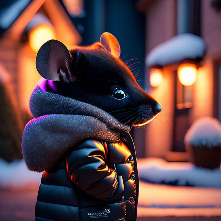 Stylish anthropomorphic mouse in jacket by cozy house at dusk