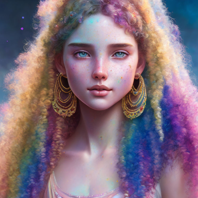 Digital painting of young woman with multicolored hair and mystical aura