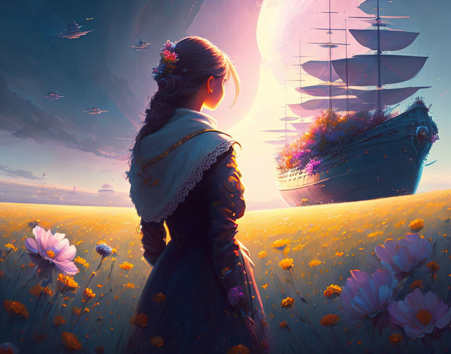 Woman in vintage dress admires ship with flowery sails in vibrant field.