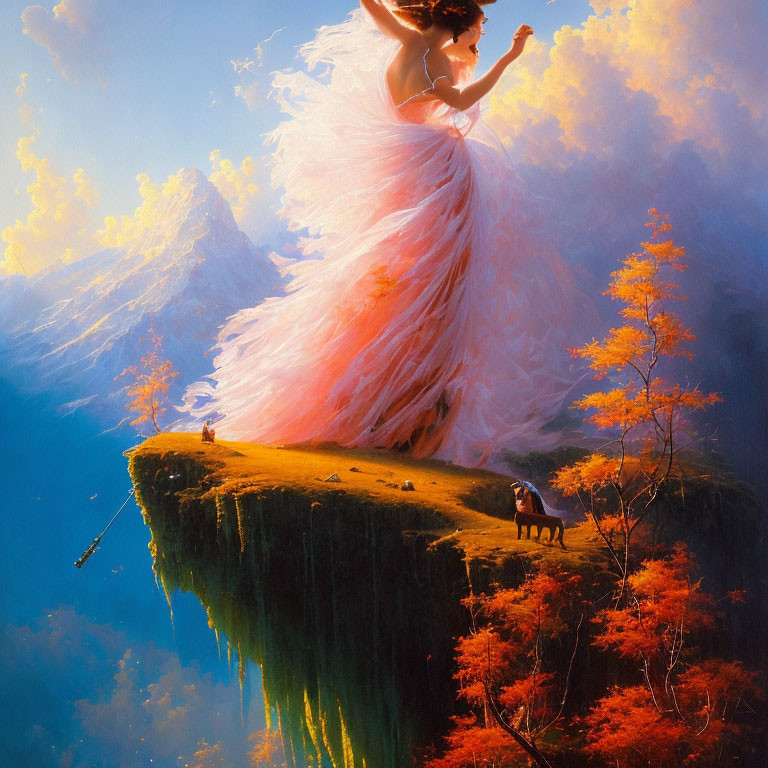 Woman in flowing pink dress on cliff with horse, autumn trees, and warm mountain backdrop