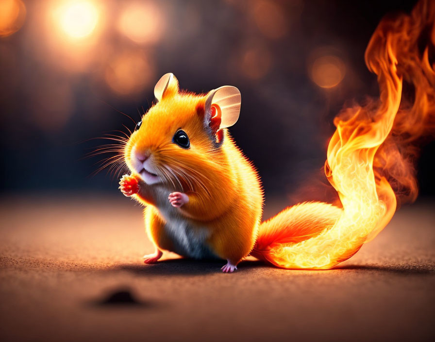 Colorful digital artwork: Orange hamster with fiery patterns nibbling a berry