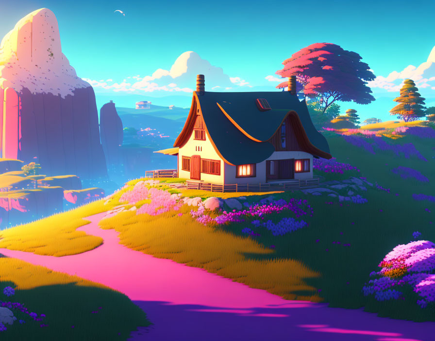 Colorful digital art of charming cottage in lush landscape