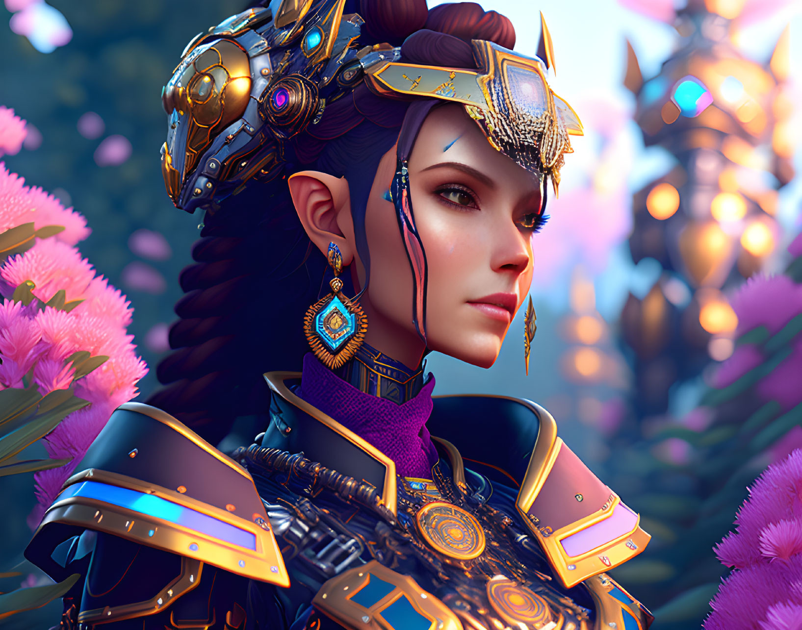 Digital artwork: Woman in futuristic armor with gold accents, surrounded by vibrant pink flora