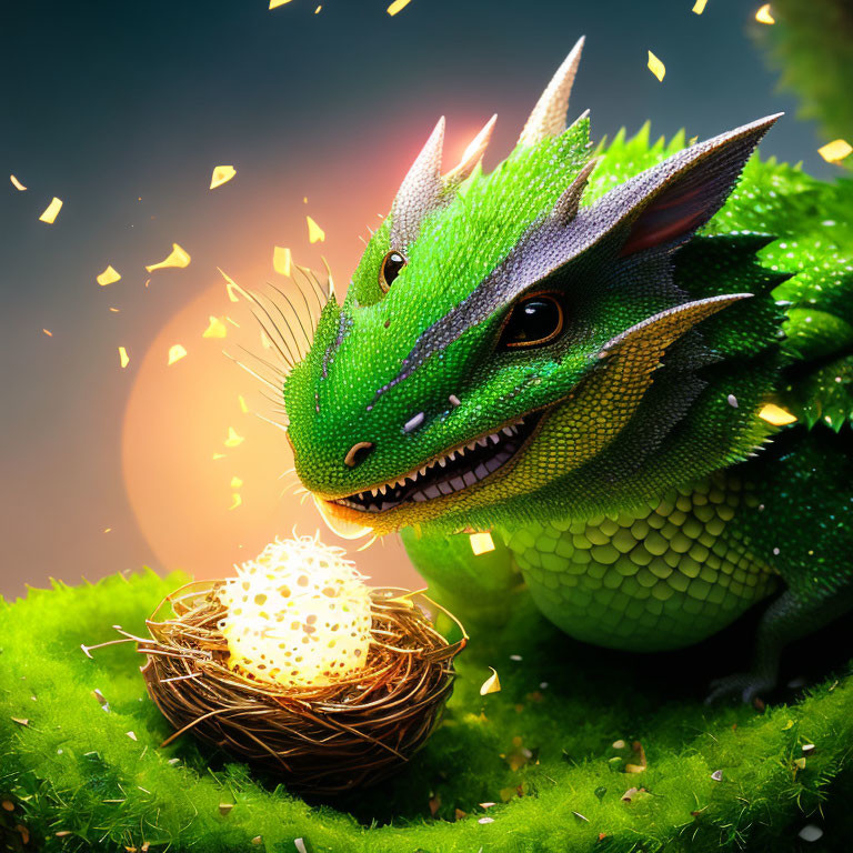 Detailed Green Dragon Guarding Speckled Egg Nest in Lush Setting