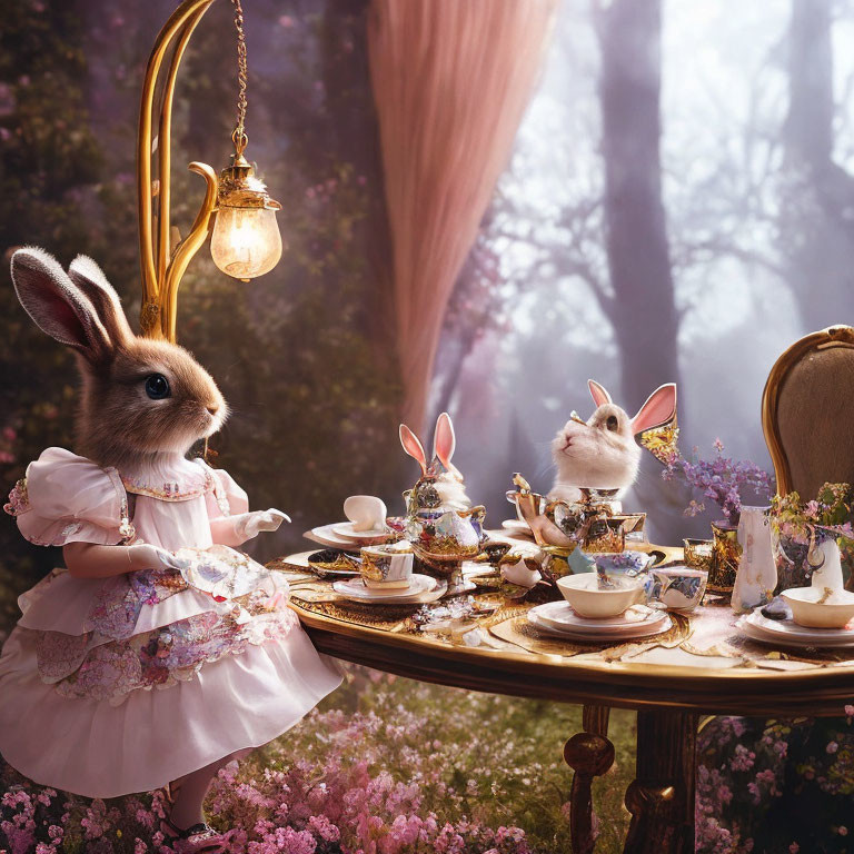 Elegant anthropomorphic rabbits tea party in foggy forest