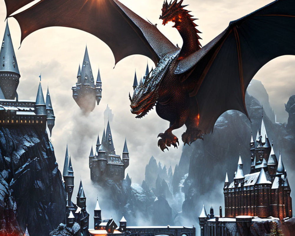 Majestic dragon flying over medieval castle and misty mountains