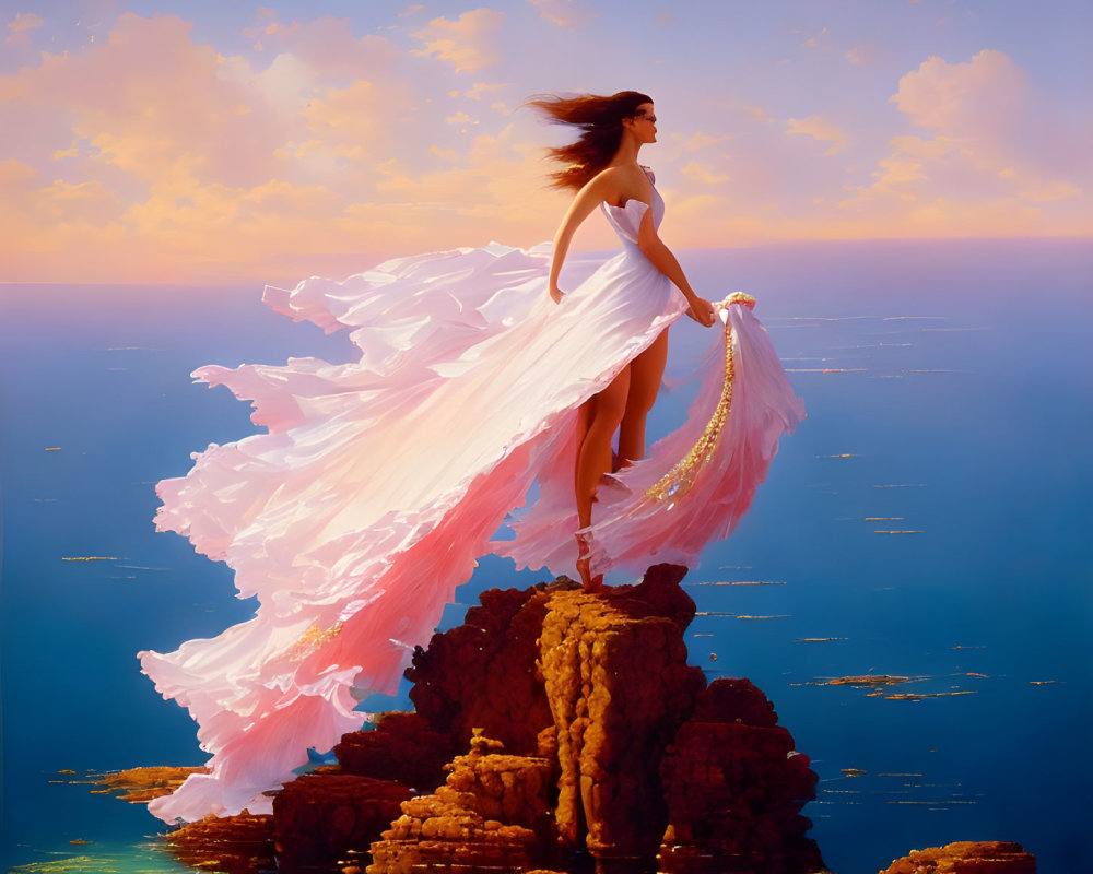 Woman in flowing white dress on rugged cliff overlooking sea under warm sky