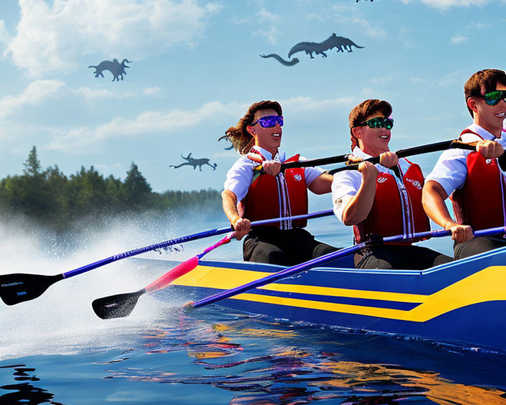 Three rowers in blue and yellow boat with flying dinosaur silhouettes