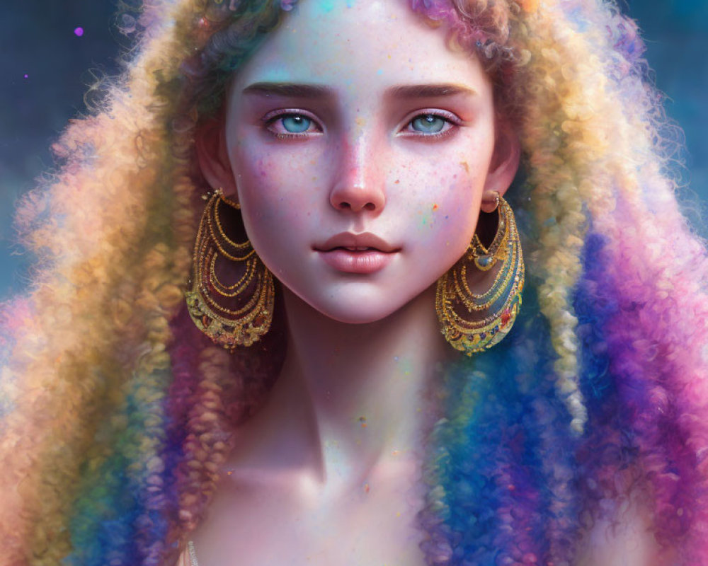 Digital painting of young woman with multicolored hair and mystical aura